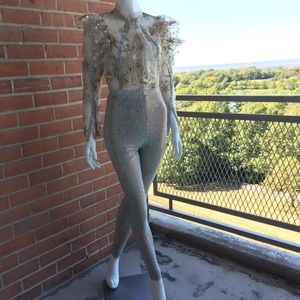 Embellished Crystal Pant Set - Nude/Gold/Silver